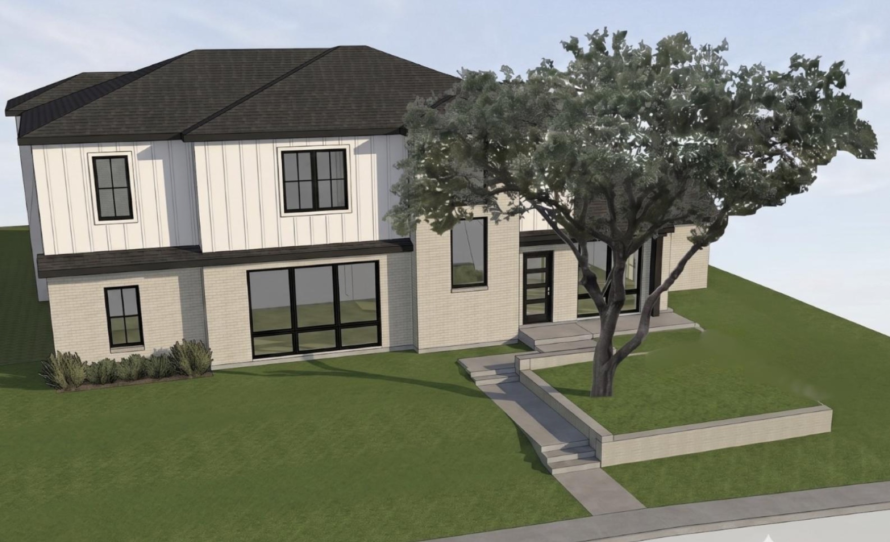 Angled front exterior rendering with mature tree and lawn