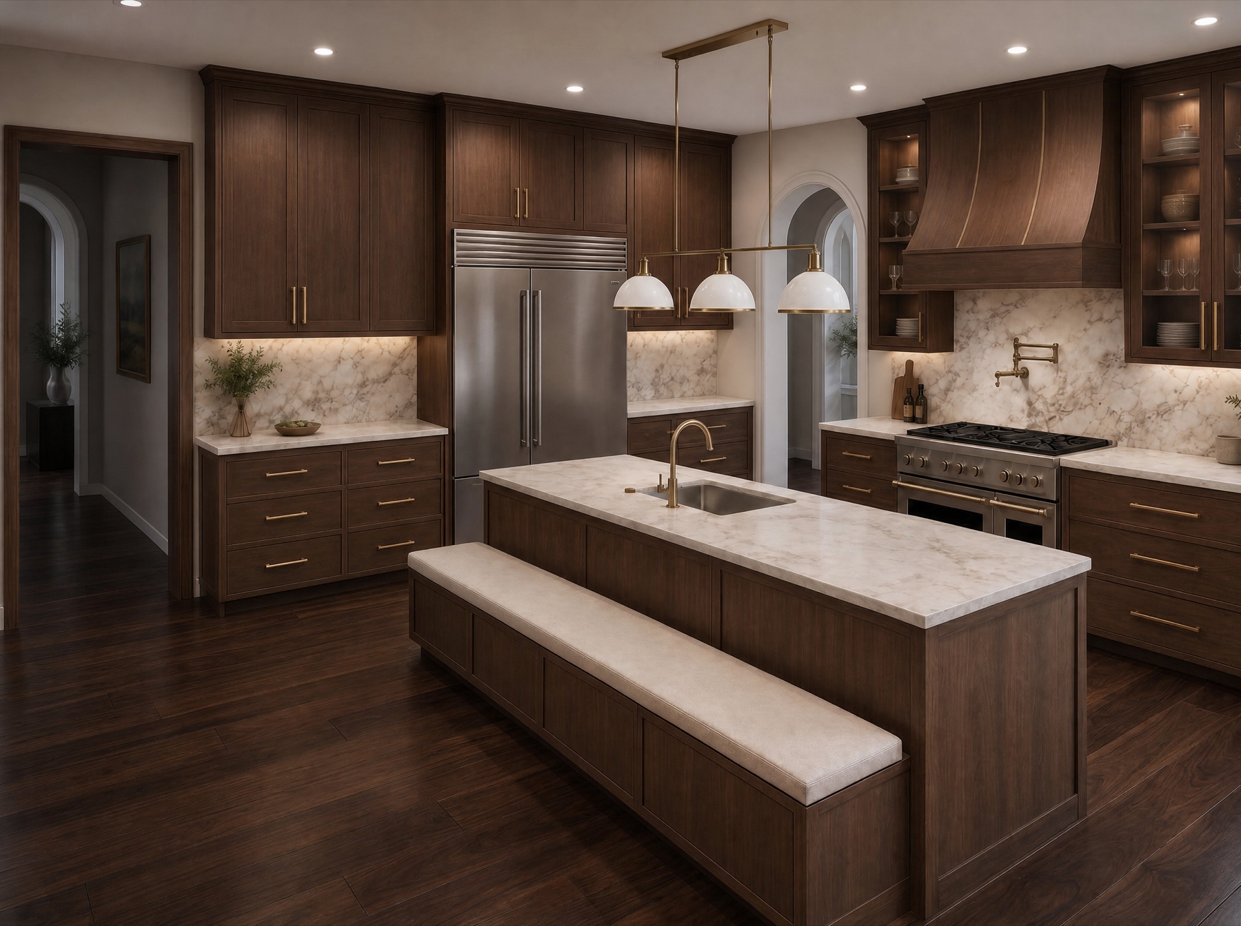 Luxury kitchen with warm cabinetry and marble counters