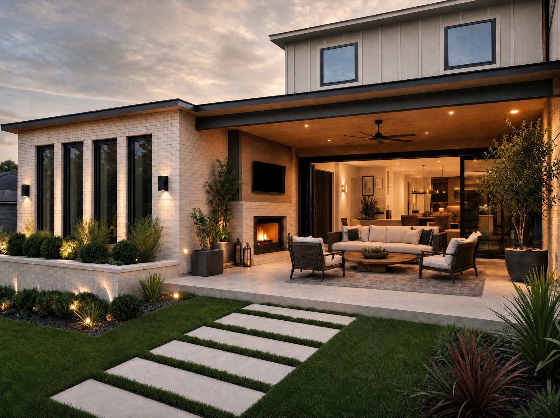 Covered outdoor living terrace with seating and fire feature