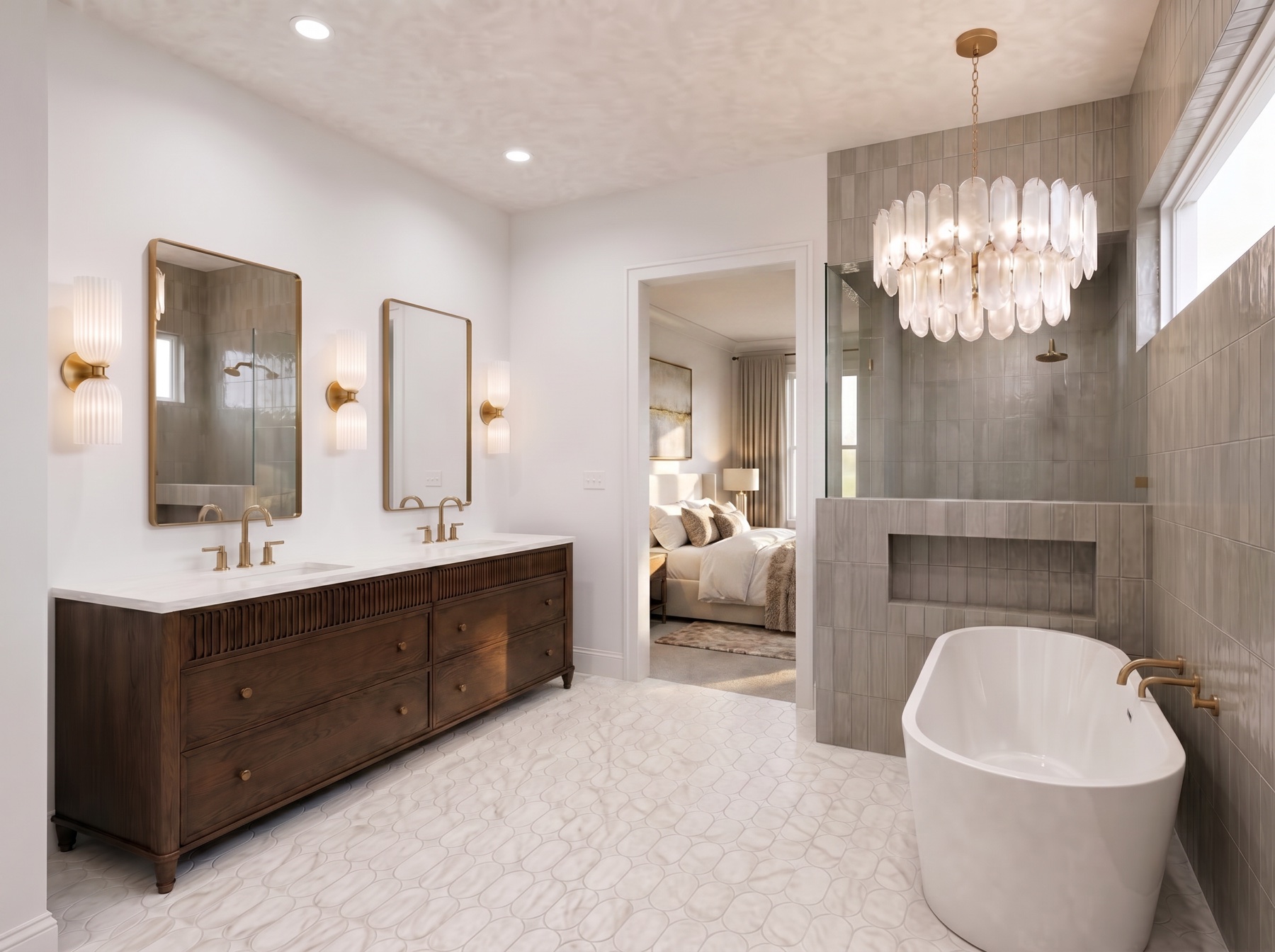 Primary bathroom with brass fixtures, tile shower, and freestanding tub